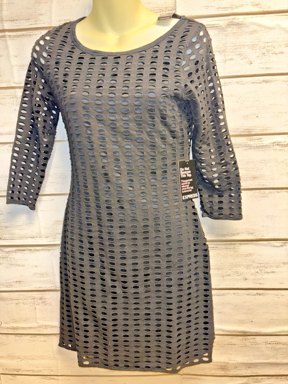 S Express Cocktail Dress Laser Cut Mini 3/4 Sleeve Black Open Design Lined NWT